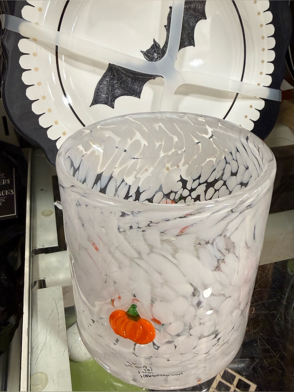 Hand-Blown White confetti glass  with Orange Pumpkin Accent - Picture 2 of 3